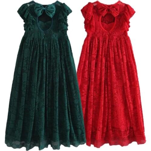 Vintage princess Girl Lace Long Dress big bow design backless Baby Kids Wedding vestido toddler girls Xmas clothes 2-7Yrs