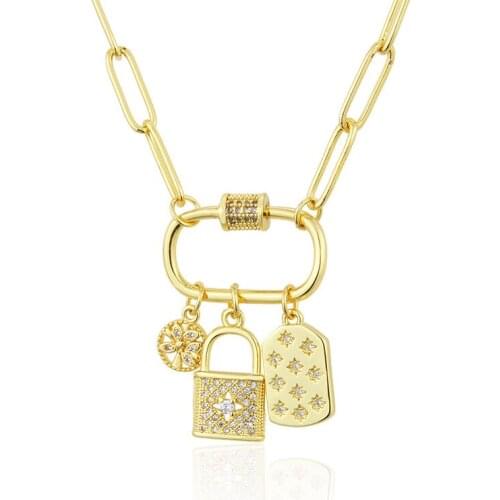 WTLTC 2021 Chunky Chain Lock Carabiner Necklace Clip CZ Crystal Pendant Necklaces Statement Square Choker Women Jewelry Gifts