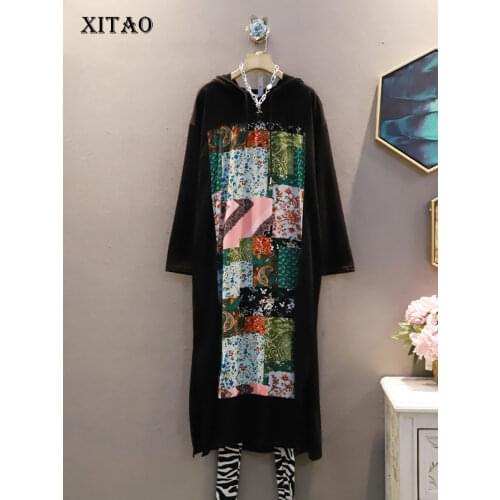 XITAO Casual Hooded Collar Dress Fashion Vintage Contrast Color Print Splicing 2021 Autumn New Simplicity Long Sleeve WMD3079