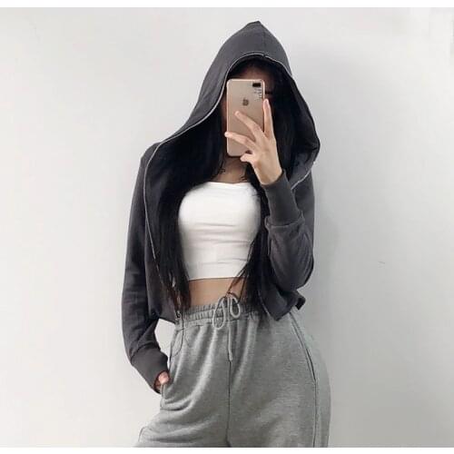 Women Zip Through Crop Hoodie With Raw-cut Hem Puff Sleeved Hooded Sweatshirt With Thumb Hole