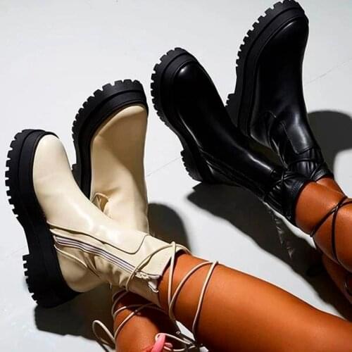 Womens Ankle Boots Platform Fashion 2021 Ladies Boots PU Leather Shoes Plus Size Women Lace Up Thick Bottom Female Footwear