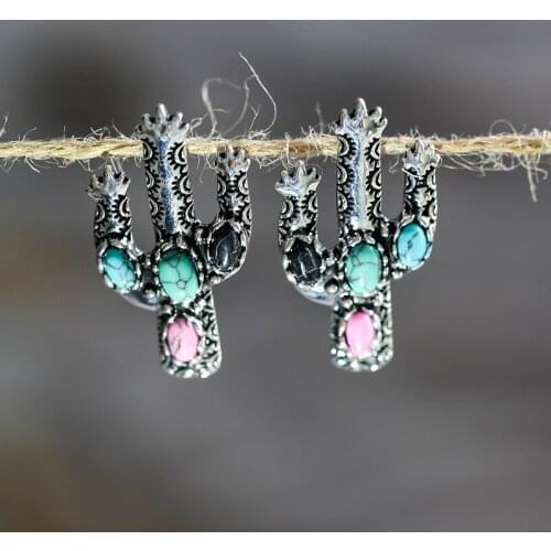 Vintage Cute Cactus Plant Stud Earring For Women Boho Ethnic Metal Natural Stone Sweet Girl Earring Brincos Bijoux Z4D341