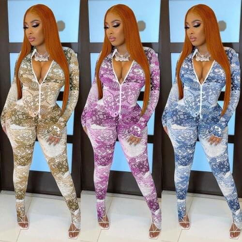 Echoine Print Zipper V-neck Jumpsuit Women Sexy Skinny Bodycon Fitness Rompers Party Club Outfits Long Sleeve Overalls Autumn