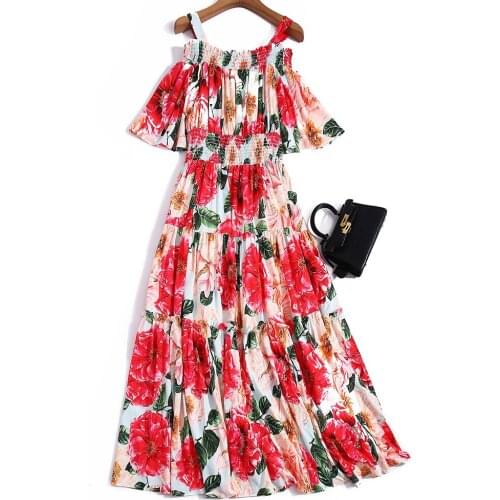 Fashion Runway Summer Womens Long Dress Elastic Waist Spaghetti Strap Cut Out Shoulder Print Sundress Floral Maxi Dresses Woman