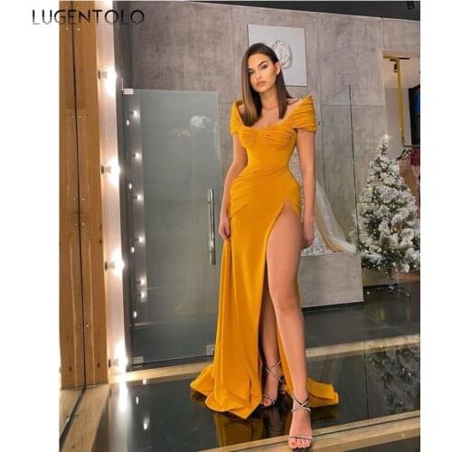 Party Dress Women Sexy Slash Neck Split Fork Slim Empire Dresses Ladies Fashion Yellow Sleeveless Elegant Dinner Dress Lugentolo