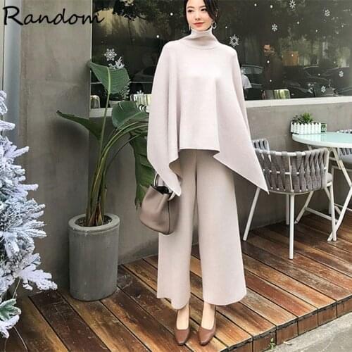 Winter 2020 New Women Kinit Office Skirt Suit Turtleneck Sweater Cape Coat Top And Pencil Skirt Pant 2PCS Sets Trousers Outfie