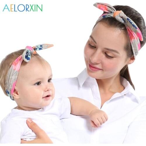 2Pcs/Lot 1Pcs Mom Headwear+ 1Pcs Baby Headwear Rabbit Ears Hairband Set Headwear Parental Striped Bow Tie Elastic Hair Band Head