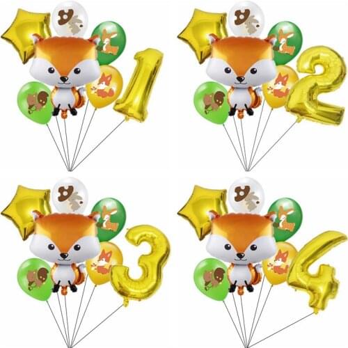 7pcs/lot Cartoon Foil Fox Balloons With Animal Latex Balloon Number Baby Shower Globos Children Kids Birthday Party Decorations
