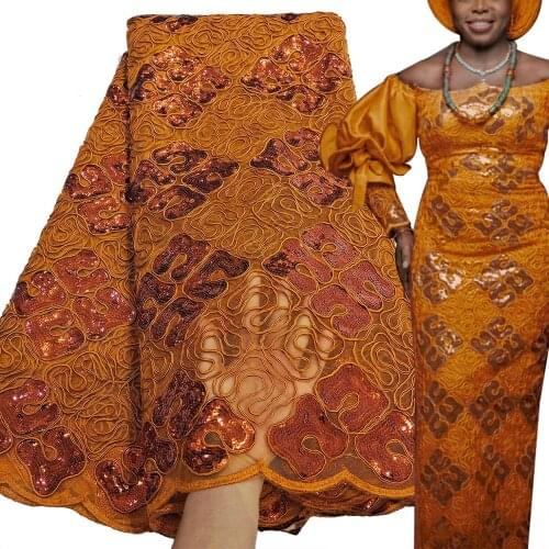 Bestway New Orange African Lace Fabric 2020 High Quality Nigerian Women Sequin Cord Embroidery 5 Yards French Tulle Lace Fabric