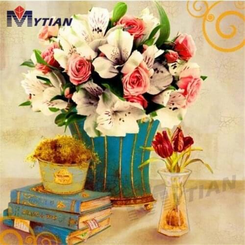 Flowers,Old Books,Vase,5D Diamond Painting Art Kit,Full Square Round Drill Mosaic 3D Diamond Embroidery Wall Sticker Home Decor