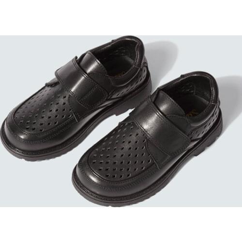 Childrens black shoes boys' leather leisure performance shoes for students with hollow soft soles