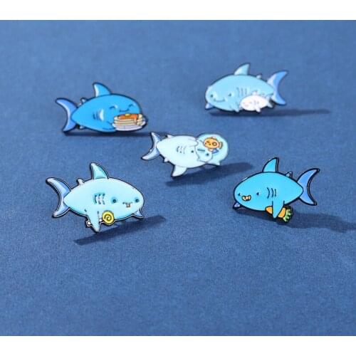 Cute Animal Enamel Pins Custom Wholesale Blue Shark Brooch Clothes Lapel Badge Cartoon Pin Jewelry Gifts for Kids and Friends