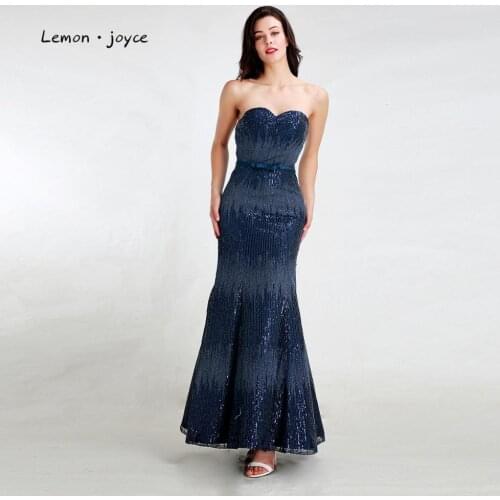 Lemon joyce Dark Blue Evening Dresses Long 2020 Sexy Backless Sequined Mermaid Prom Party Gowns Plus Size