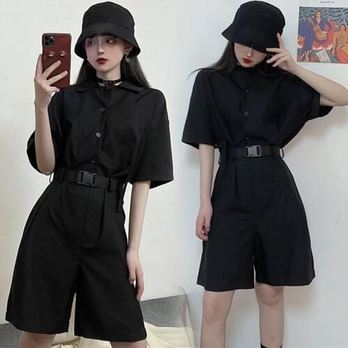 Summer Womens Playsuits New Japanese Loose Black Safari Style Playsuits Women Tide Jumpsuits Female Ins GD503