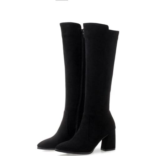 Big Size Fashion of Simple Slim Womens Boots with Rough Heel and Point Side Zipper Over Knee