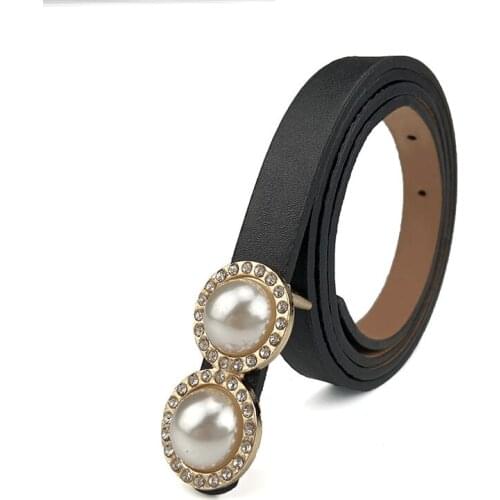 Fashion Women Belts Thin Leather Pearls Decorative Metal Buckle Dress Jeans Suits Waistband Ladies Girls Waist Belt