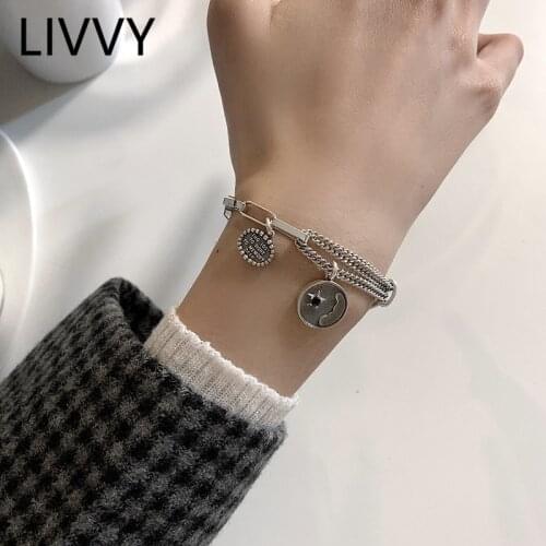 LIVVY Star-Shape Round Pendant Letter Bracelet For Women Man Thai Silver Color Vintage Hip-Hop Party Jewelry Gifts