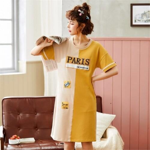 Nightwear womens summer thin cotton short-sleeved solid color cartoon cotton girl home clothes can be worn ночная рубашка