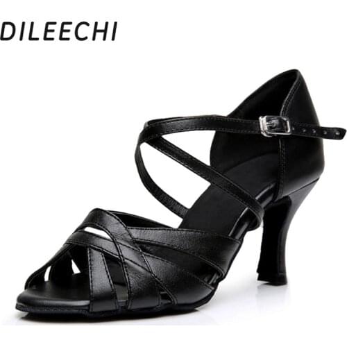 DILEECHI Latin dance shoes female sandals adult dance shoes black genuine leather summer soft dance shoes outsole square