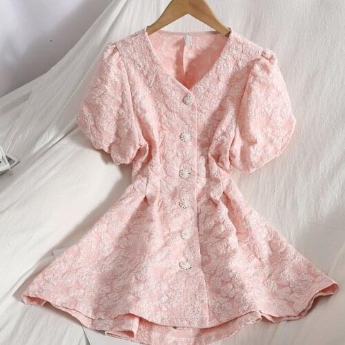 Summer High-Quality Women Single Breasted Exposed Waist Dress 2021 Sexy V neck Puff Sleeve Hollow Out Dress