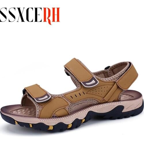 Sandals Men Open Toe Beach Slippers Leather Casual Shoes Couple Models Velcro Men And Women Shoes Non-Slip Wear-Resistant Bottom