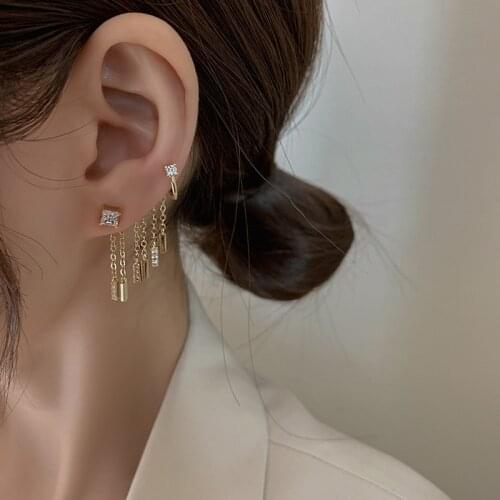 Korean Fashion Simple Crystal Chain Ear Cuff Earrings for Women Minimalist Small Tassel Clip Earring Autumn Winter Party Jewelry
