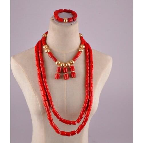 Glorious Nigerian Red Coral Jewelry Set African Wedding Coral Beads Necklace Jewelry Set C40-03