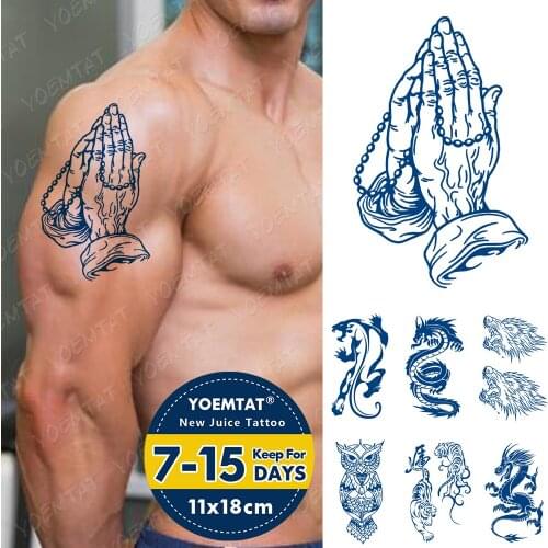 Juice Ink Tattoos Body Art Lasting Waterproof Temporary Tattoo Sticker Hands Of Prayer Tatoo Arm Fake Owl Wolf Dragon Tatto Men