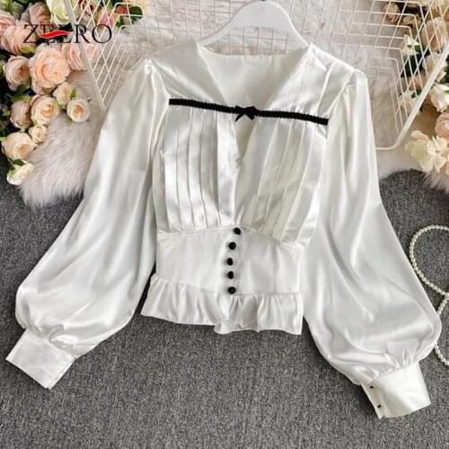 Female Sexy V-neck Lace Bow Pleated Buttons Ruffle Lantern Long Sleeve Shirt Women Slim Pullover Silk Short Top Womens Tops 2021