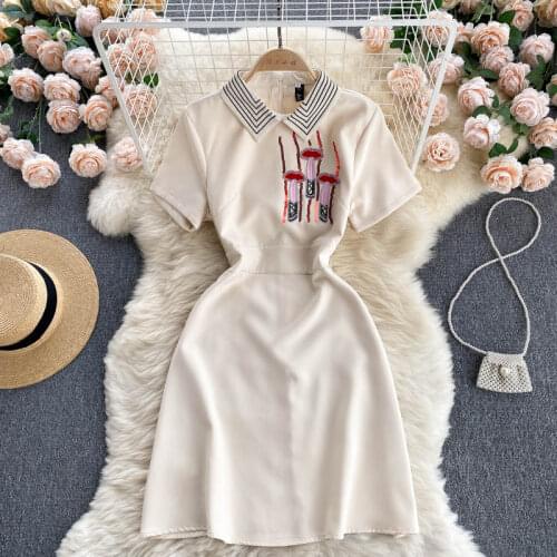 2021 Summer New Style Fashion Casual Vestidos Feminine Polo Collar Slim Retro Embroidered Midi Dress KK542