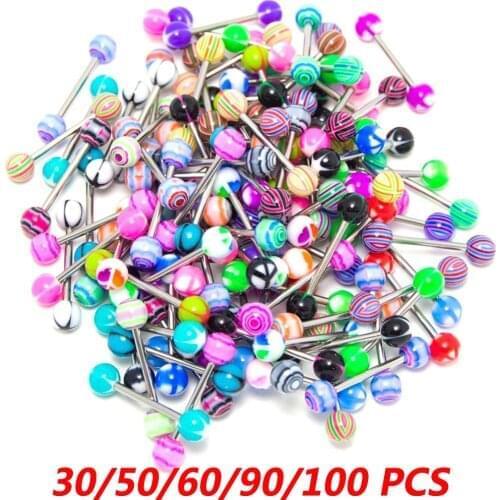 30/50/60/90/100pcs/Lot Wholesale 14g Tongue Rings Barbell Mix Colors Acrylic Steel Piercing Tongue Nipple Lip Oreja Body Jewelry