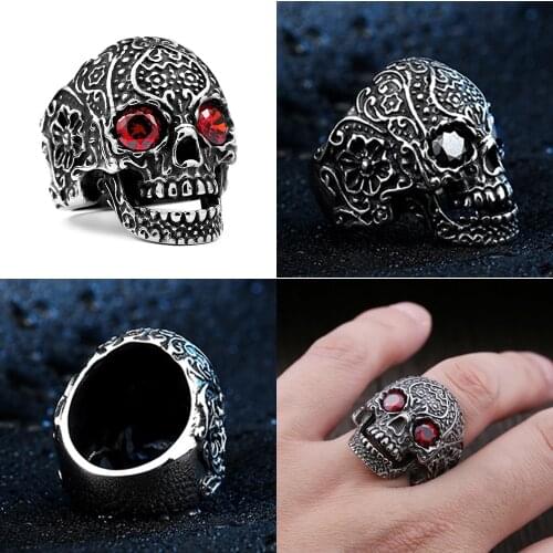 316L Red CZ Eyes Skull Mens Calvarium Punk Vintage Ring Gothic High Quality Stainless Steel Biker Rings Motorcycle jewellery
