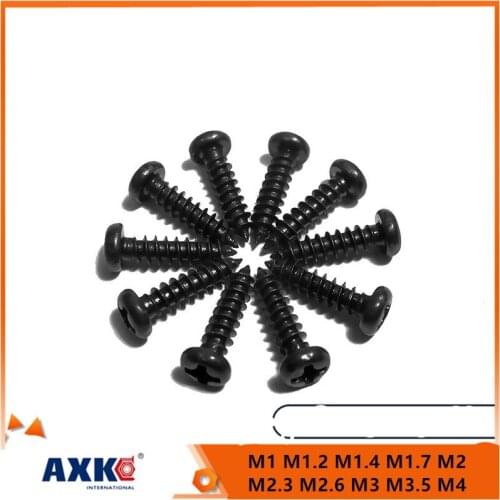 50/100pcs M1 M1.2 M1.4 M1.7 M2 M2.3 M2.6 M3 M3.5 M4 Black Steel Small Phillips Pan Head Cross Round Head Self-tapping Wood Screw