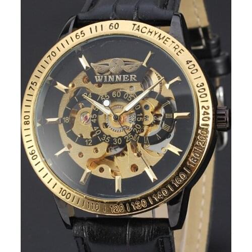 50pcs/lot winner-D132 big round dial hollow out winner watch skeleton mechanical leather watch high quality casual watch for man