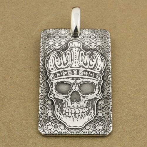 999 Pure Silver High Detail Deep Engraved Crown Skull Pendant Biker Dogtag 9X035S