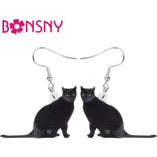 Bonsny Acrylic Black Cat Earrings Print Lovely Kitten Pet Animal Dangle Drop Jewelry For Women Kid Girls Novelty Gift Decoration