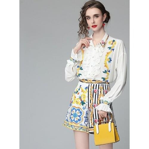 Banulin Summer Runway Flower Print Two-piece Set Women Flare Sleeve Ruffles Shirt Top and Stripe Pocket Shorts Suits Set N56608