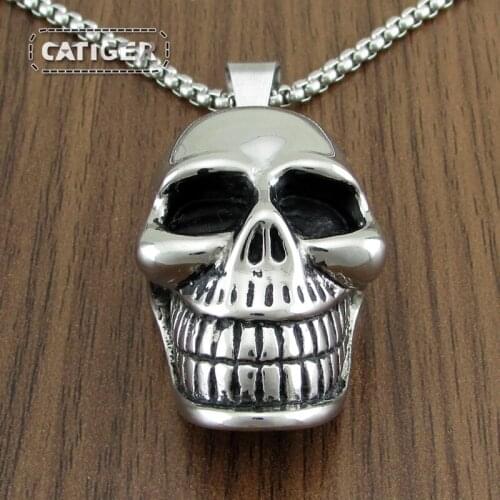 Free Shipping Vintage Large Tooth Skull Pendant Necklace Stainless Steel Silver color Black color Skull Biker Male Jewelry