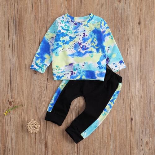 Children Baby Boy Tie-dyed Suit Long Sleeve Round Neck Top Mid Waist Long Pants for Winter and Autumn