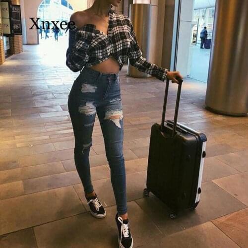 Long Pants Lady Skinny Hole Denim Woman Jeans High Waist Stretch Slim Pants Calf Length Jeans Spodnie Damskie Hole Pants Long