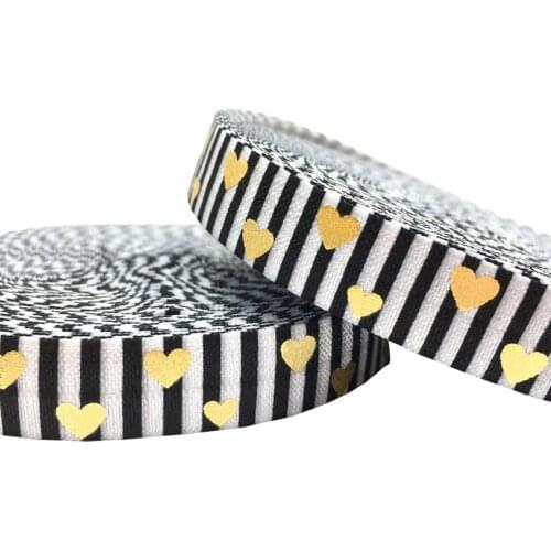 Gold Foil Love heart Print Elastic band Stripe FOE Ribbon DIY Handmade Knot Hair Tie Webbing New year Gift packing accessory 10y