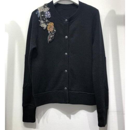 [ElfStyle] - 2020 Black Cotton Cashmere Cardigan Gem Rhinestones Appliques Front Buttons UP Woman awsome Sweater Knit jacket
