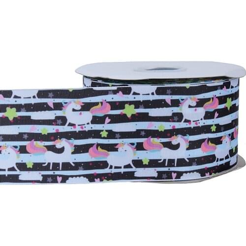 FLRA Ribbon 75mm colorful unicorn printed grosgrain ribbon black strip unicorn horse ribbon for hair bows handmand