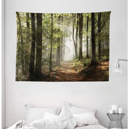 Forest Tapestry Autumnal Woodland Pathway Mountains Mist In The Distance Wilderness Scene Wall Hanging For Bedroom Living Room