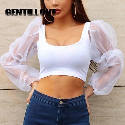 Sexy Female Puff Long Sleeve Crop Tops Lady Solid Mesh Patchwork Blouse Vintage T Shirt U Collar Slim Tee Causal High Street