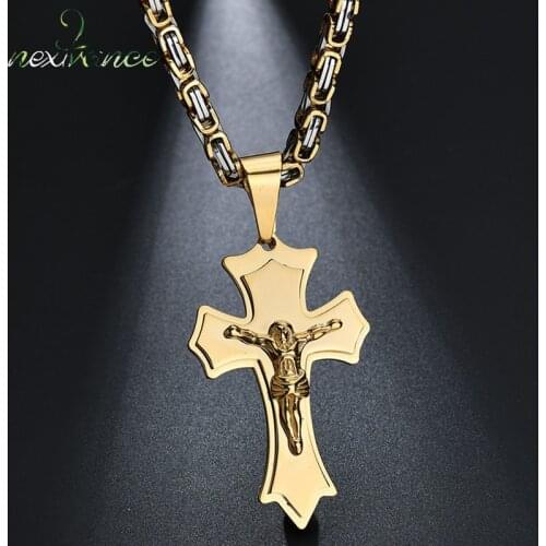 Nextvance Punk Jesus Cross Pendant Necklaces Thick Link Byzantine Chain Gold Stainless Steel Men Jewelry for Christmas Gift