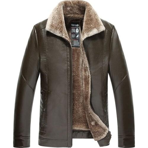 Winter Jacket Men Fur One Warm PU Leather Jacket Faux Fur Turn-down Collar Motorcycle Leather Jacket Thick Windbreaker Plus Size