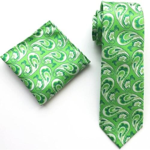 Young Men Necktie Set Green Paisley Ties Pocket Square Sets for Party Wedding
