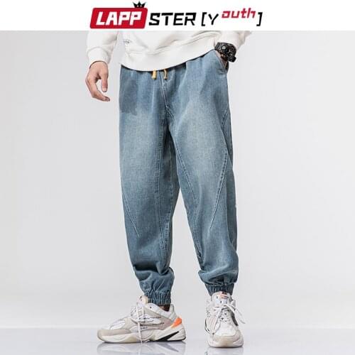 LAPPSTER-Youth Men Blue Wahsed Jeans Pants 2020 Letter Print Hip Hop Harajuku Denim Pants Korean Fashions Casual Black Jeans