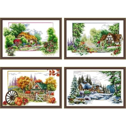 Spring summer autumn and winter chalet view DMC cross stitch kit 14ct 11ct handmade DIY canvas embroidery kit Chinese needlework